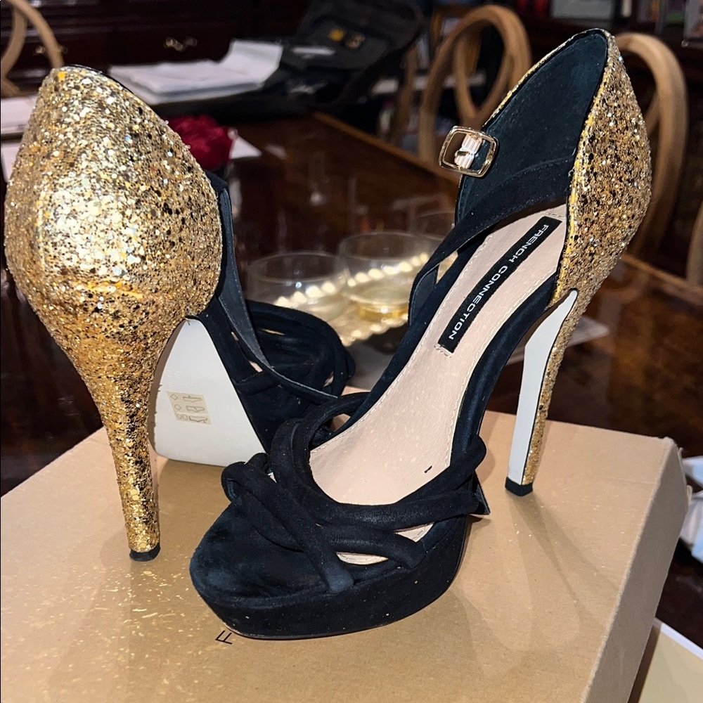 French Connection Black Suede Heels with Gold Sparkle